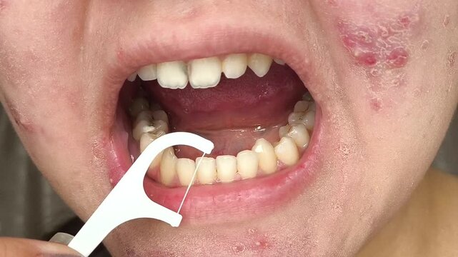 Woman using a dental flosser to clean interdental spaces, symbolizing oral health, gum care and daily dental hygiene.
