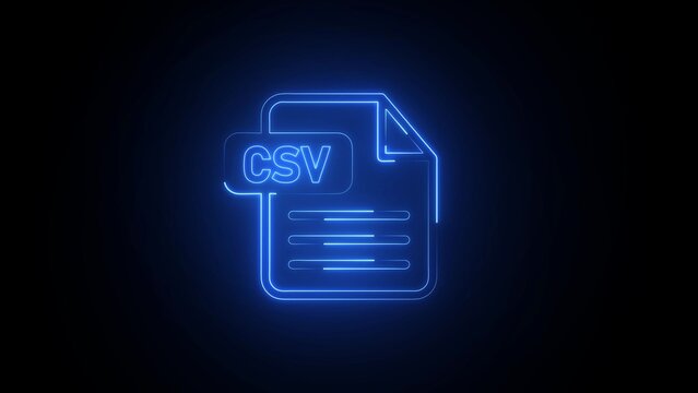 Glowing neon blue outline of a document file icon with a rectangular label containing the text csv, representing a data file format on black