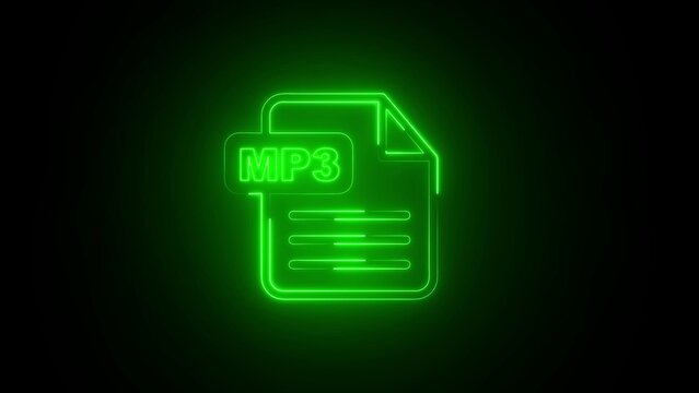 Glowing neon green outline of a document file icon with a rectangular label containing the text mp3, representing an audio file format