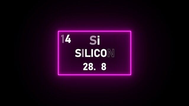Neon glowing rectangle frame surrounding the chemical silicon with atomic number fourteen and atomic weight twenty eight point eight on black