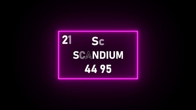Neon glowing rectangle frame surrounding the chemical scandium with atomic number twenty one and atomic weight forty four point ninety five