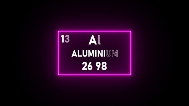 Periodic table box for aluminium with atomic number thirteen and atomic weight twenty six point ninety eight in pink neon light
