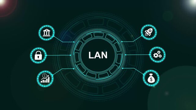 Lan network technology concept with digital interface and hud local area network networking connectivity