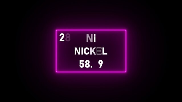Periodic table box for nickel with atomic number twenty eight and atomic weight fifty eight point nine in pink neon light frame