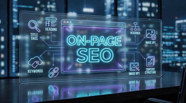 On page seo interface with glowing neon lines and digital icons overlaying professional office background setup.