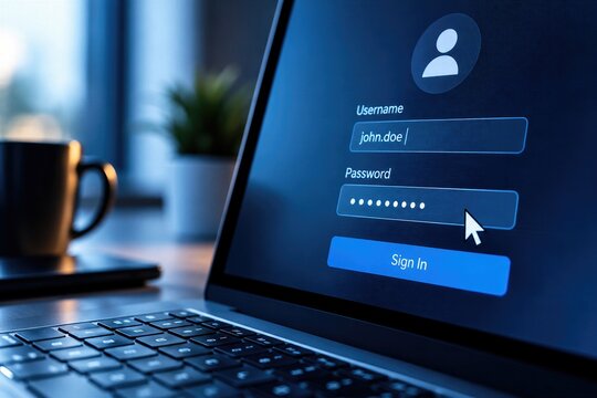 Secure Laptop Login Screen with Username and Password Fields, User Authentication, Cybersecurity, Data Protection and Online Account Access