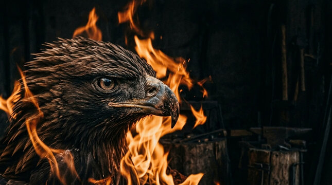 Majestic hawk head surrounded by burning flames in a dark forge
