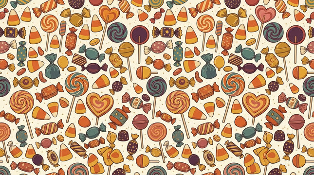 Halloween candy pattern with lollipops and sweets on a light
