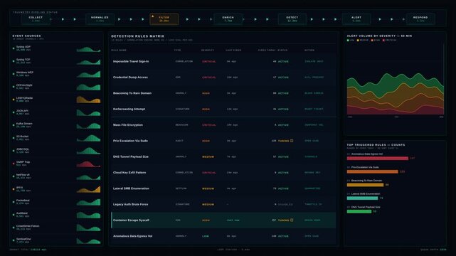 Dark mode security telemetry dashboard showing event sources, detection rules, and alert volumes with animated data flow and real-time monitoring metrics.
