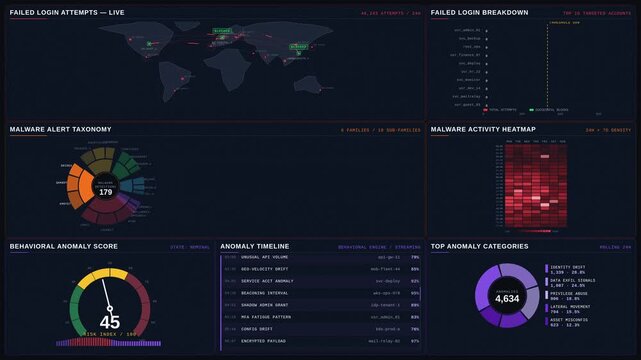 Dark mode cybersecurity dashboard loop showing failed login map, malware taxonomy, and anomaly gauges with red, orange, and purple accents for SOC monitoring.