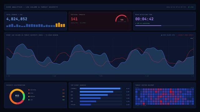 Experience a sleek 4K dark-mode SIEM analytics dashboard showcasing security events log volume and threat severity, designed for enterprise cybersecurity applications.