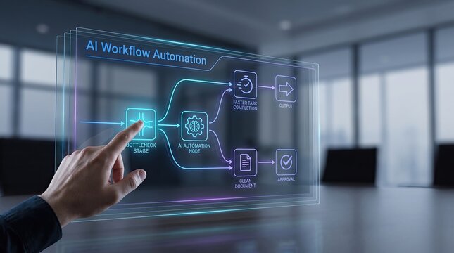 Artificial intelligence workflow automation diagram showing bottleneck stage and faster task completion on screen.