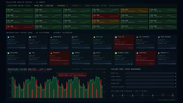 Premium 4K dark-mode SIEM health dashboard animation showing collector grid, integration status, latency sparklines, and processing failure charts with green, amber, and red accents.