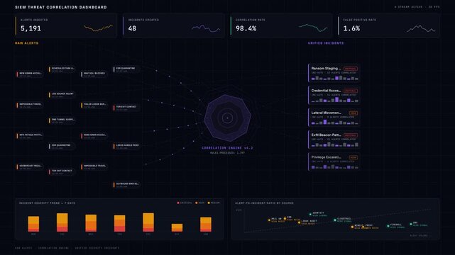 Experience a premium 4K dark-mode animation visualizing the SIEM threat correlation process, transforming raw alerts into unified security incidents with dynamic visual elements.