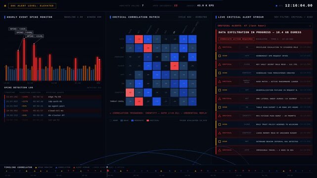 Experience the dynamic energy of a dark-mode SOC Log Analytics interface showcasing hourly event spikes and critical correlations during a live cyber threat investigation.