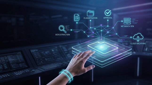 Automated document processing system using optical character recognition and metadata generation for cloud archiving.