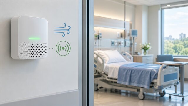 Smart air quality monitor device installed on hospital room wall for patient health and safety monitoring system