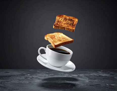 Levitating White Coffee Cup with Floating Toasted Bread Slices