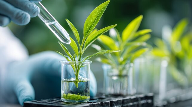 Plant science laboratory research with green organic leaf in test tube, biological chemistry experiment for biotechnology, medical research, environmental ecology, pharmaceutical analysis, and scienti