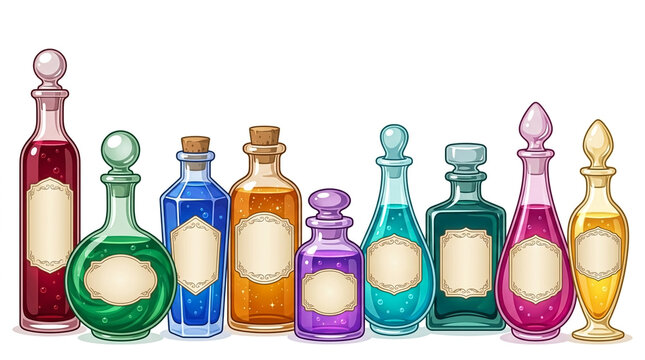Collection of colorful magic potion bottles with blank labels on white