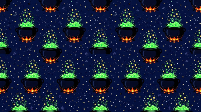 Halloween seamless pattern with magic cauldrons and glowing stars