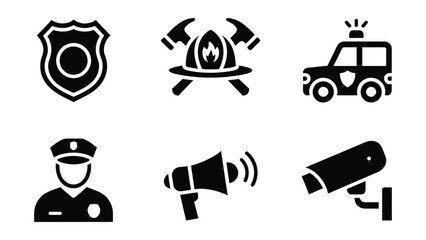 Emergency security and public service icons set for police badge firefighter helmet car cctv camera glyph and UI vector illustration © Nela khanum