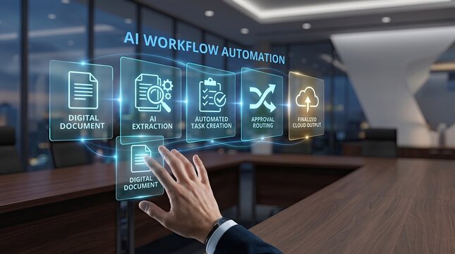 Digital workflow automation interface displaying process steps with holographic icons for smart corporate document handling.