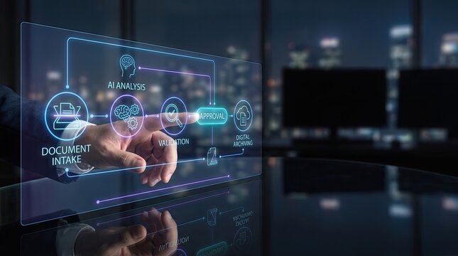 Document intake and approval workflow using ai analysis and digital archiving on transparent holographic screen.