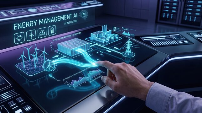 Energy management ai interface with renewable generation forecast and smart power grid demand forecasting digital charts.