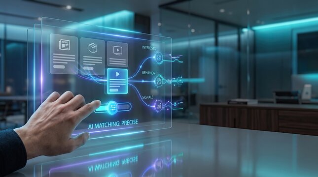 Futuristic ai interface screen displays precise target matching insights with blue light nodes for marketing analytics.