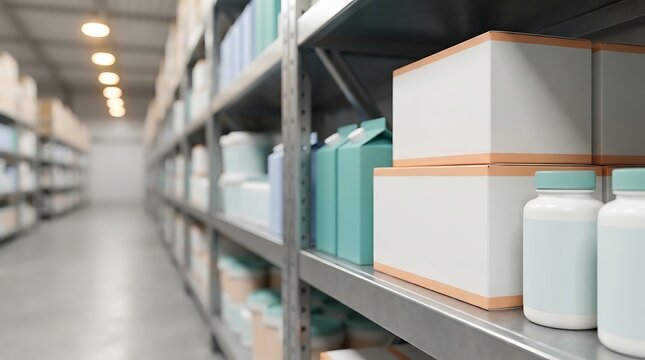 Close-up of warehouse shelves with stacked boxes and plastic bottles, illustrating product organization for retail and e-commerce fulfillment, showcasing blue, white, and peach packaging.