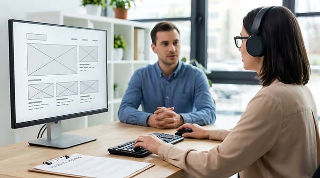 Professional UX designer testing website usability on computer screen with wireframes for user experience evaluation.