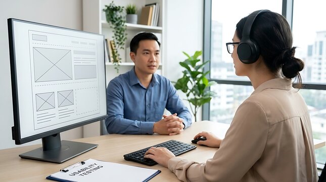 Professional UX designer testing website usability on computer screen with wireframes for user experience evaluation.