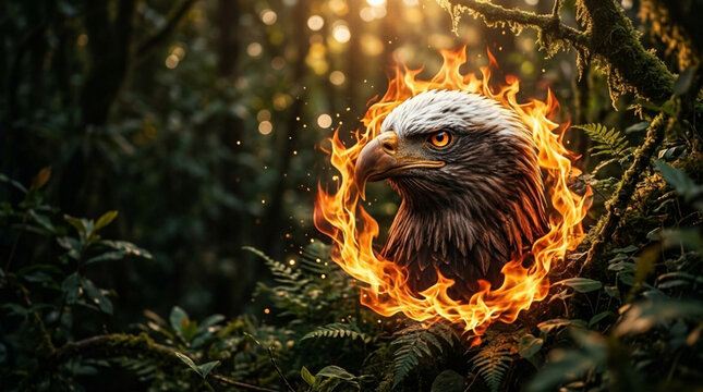 Majestic eagle head engulfed in burning fire within a dark forest