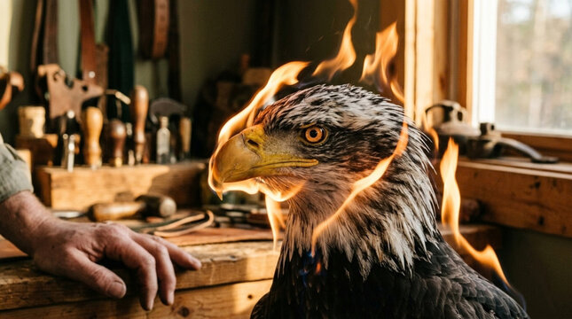 Majestic bald eagle head engulfed in flames in a rustic workshop