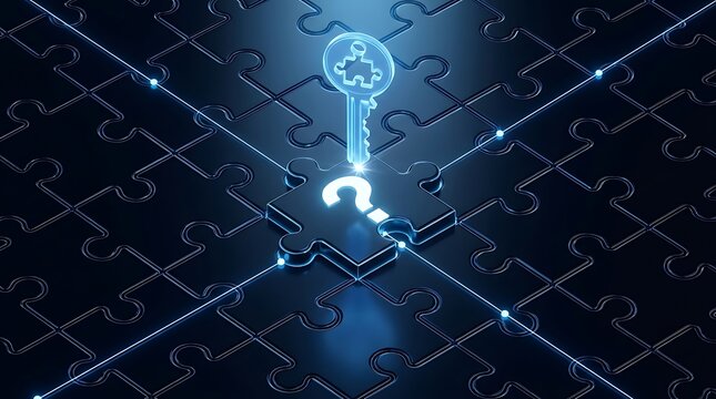Illuminated key unlocks central puzzle piece with question mark on dark textured background symbolizing finding solution and solving complex problem or mystery.