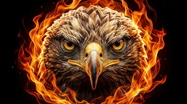 Majestic eagle head portrait surrounded by intense burning flames