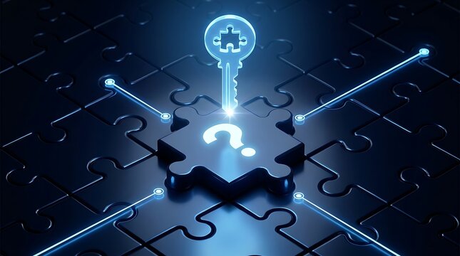 Illuminated key unlocks central puzzle piece with question mark on dark textured background symbolizing finding solution and solving complex problem or mystery.