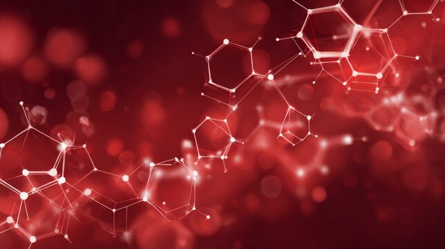 Abstract red science background with glowing molecular structures, futuristic scientific connections, digital particles, laboratory technology, biotechnology, chemistry, research, innovation, and adva