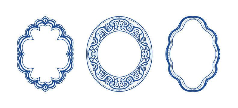 A collection of three elegant vintage vector frames in a classic blue color. Perfect for luxury product packaging, ceramic porcelain patterns, wedding invitations, certificate designs, logos