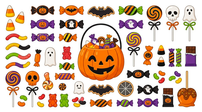 Halloween candy collection with pumpkin bucket and treats on white