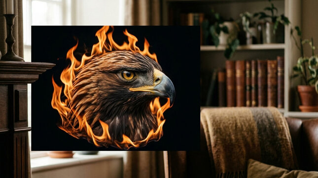 Majestic eagle head with fire flames in a dark room setting
