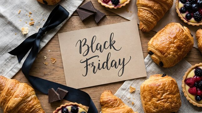 Bakery black friday promotional banner with assorted fresh pastries croissants tarts and chocolate. Festive seasonal sale announcement. Special discount offer on sweet baked goods.