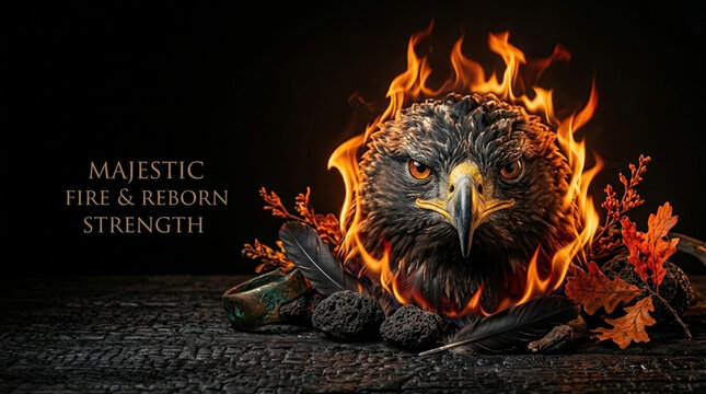 Majestic eagle head rising from intense orange flames on black
