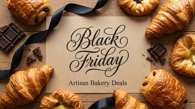 Black Friday artisan bakery sale banner with fresh croissants, chocolate pastry, and dark ribbon on wooden table. Special discount advertising flyer for pastry shop holiday shopping event.