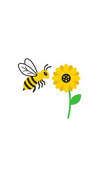 Cartoon honey bee flying towards a yellow sunflower on white