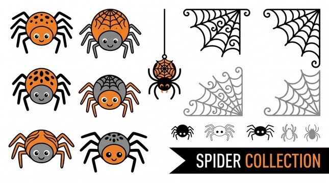 Halloween spider and spiderweb flat icon set containing icons for hanging spider spiderwebs corner cobwebs and cute arachnids for autumn seasonal decoration and holiday party projects