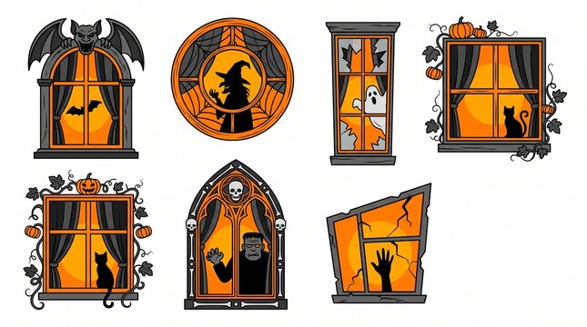 Halloween window and spooky silhouette solid icon set containing icons for witch ghost cat frankenstein gargoyle and pumpkin for autumn festival decoration and holiday party design elements