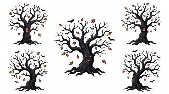 Halloween spooky trees collection vector illustration. Featuring creepy dead trees with glowing faces falling leaves and flying bats. Dark graphic elements for seasonal horror design