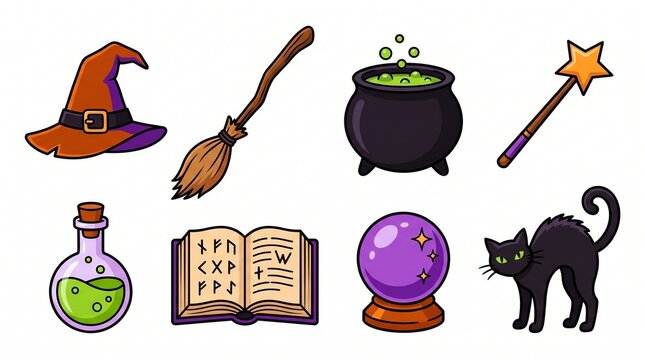 Magical and Witchcraft solid icon set containing icons for Witch Hat Broomstick Cauldron Magic Wand Potion Bottle Spell Book Crystal Ball and Black Cat for fantasy projects
